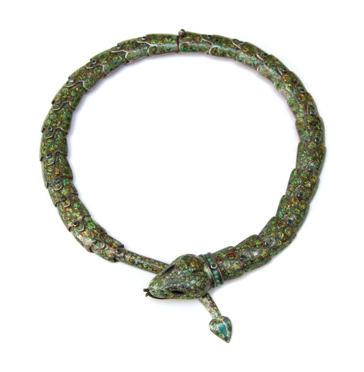 Margot de Taxco sterling silver and green enamel snake necklace.