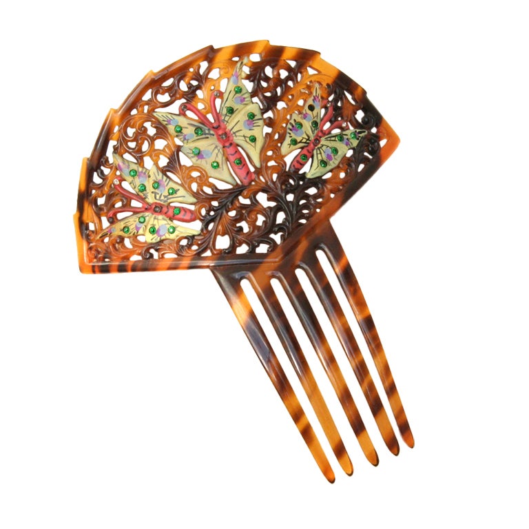 Celluloid Hair Comb with Butterfly Motif For Sale