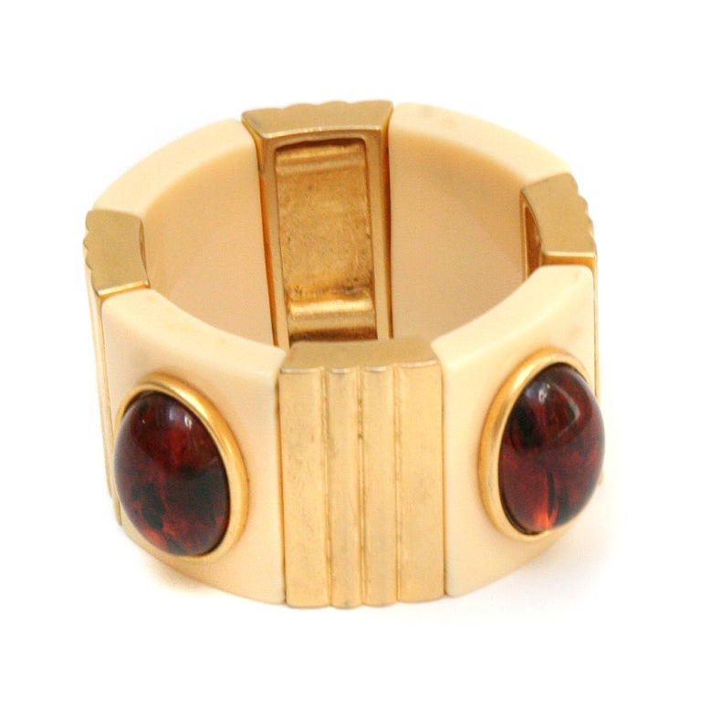 Heavy stretch Catalin/plastic ivory and gold matte finish link bracelet
