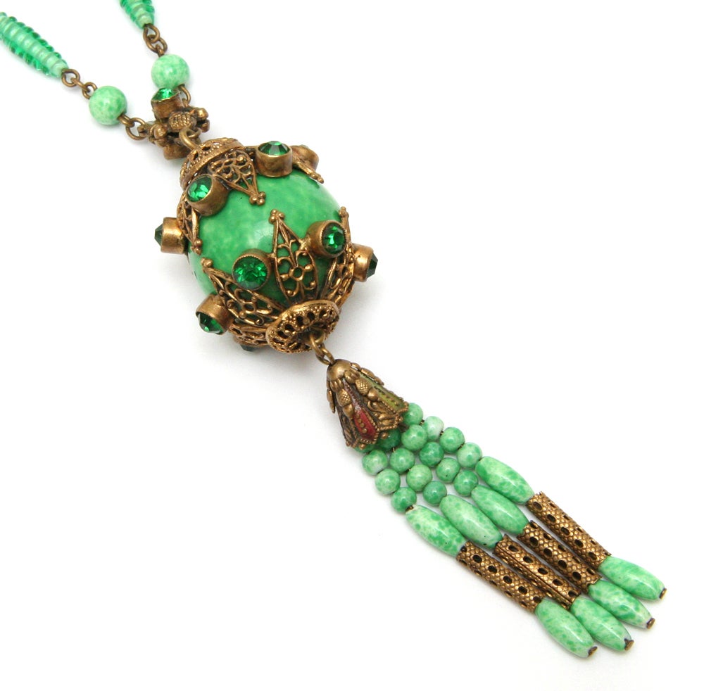Czech jadite pendant necklace with tassel.