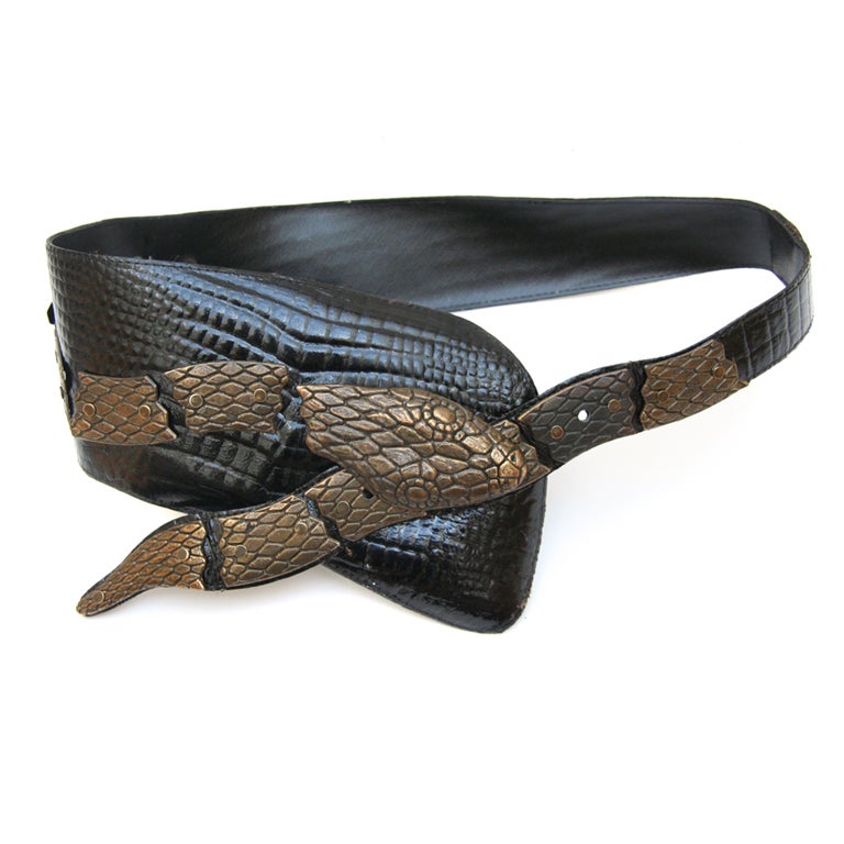 Faux skin belt with antiqued gold toned snake motif