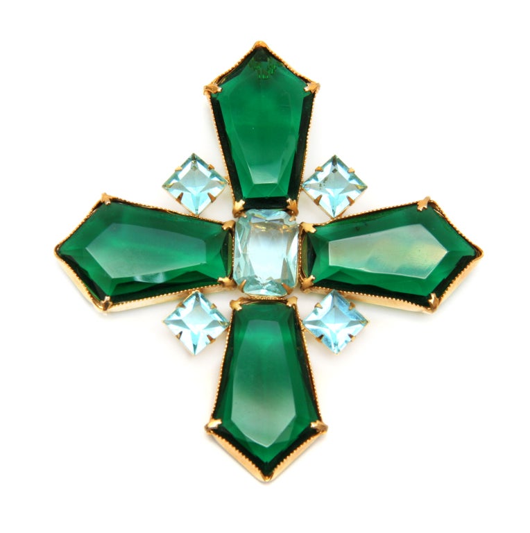 Open-backed green and aqua crystal cross pin.  Can also be warn as a pendant.