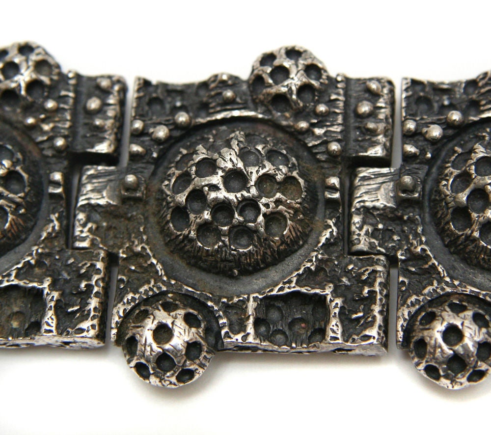 Five link oxidized pewter bracelet by Canadian jewelry designer Robert Larin. Larin produced jewelry in Montreal, Quebec from as early as 1968 and is known for his eclectic modern designs.