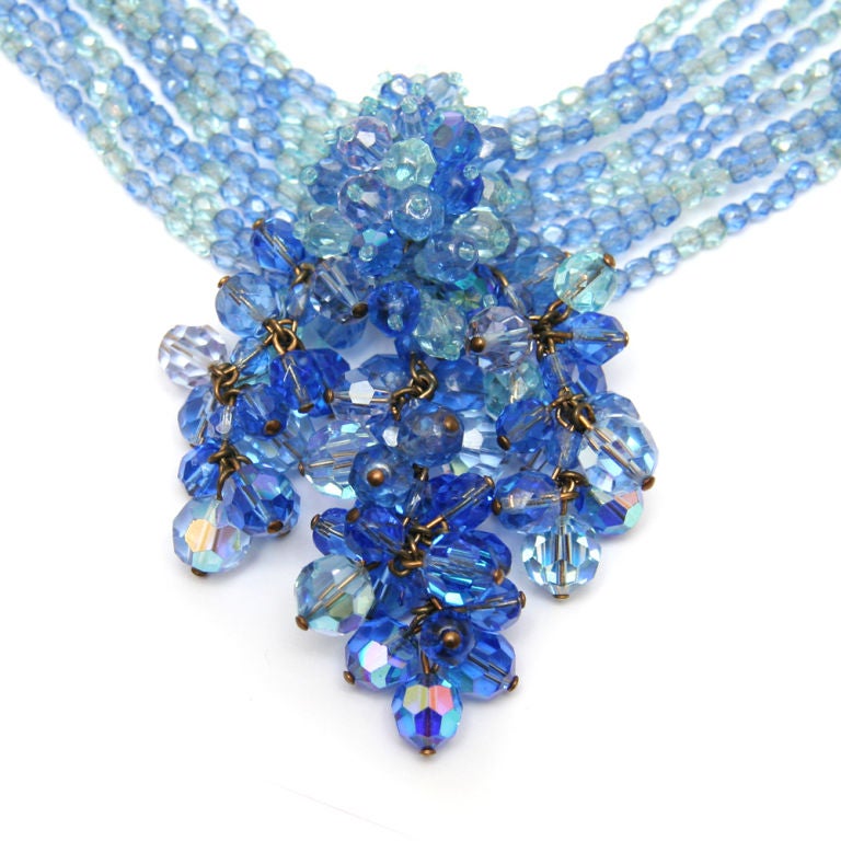 Vintage Bijoux Lo Sa, eight-strand blue aurora borealis crystal cluster pendant necklace. This necklace was made by a small group who designed unique prototypes for COPPOLA E TOPPO.