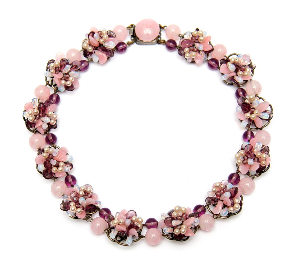 Vintage, translucent pale pink and amethyst glass beads with pearl accents.  This charming unsigned French necklace was most likely designed by either Louis Rousselet or Robert Piguet.  The back of this necklace is as beautiful as the front. Note