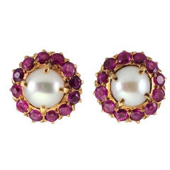 Snappy Little Stud Earrings with Pearl and Rubies