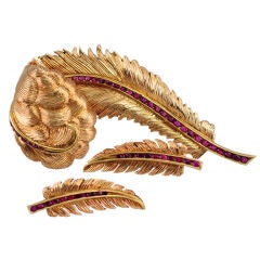 14k and Ruby Yard Feather Plume Pin and Earrings