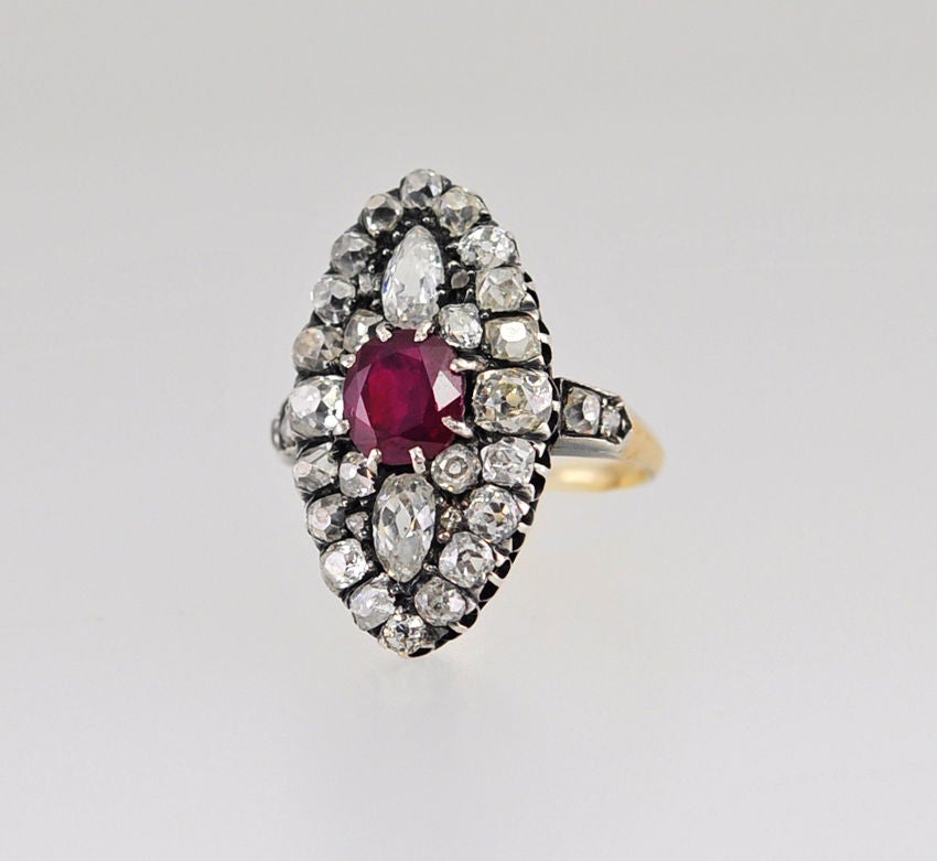 Victorian 1.67 Carat GIA Natural Ruby and Old Mine Cut Diamond Cluster Ring