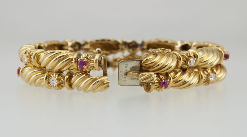 Tiffany & Co. 18 Karat Gold Ruby and Diamond Double Row Bracelet, circa 1990s In Excellent Condition For Sale In Los Angeles, CA