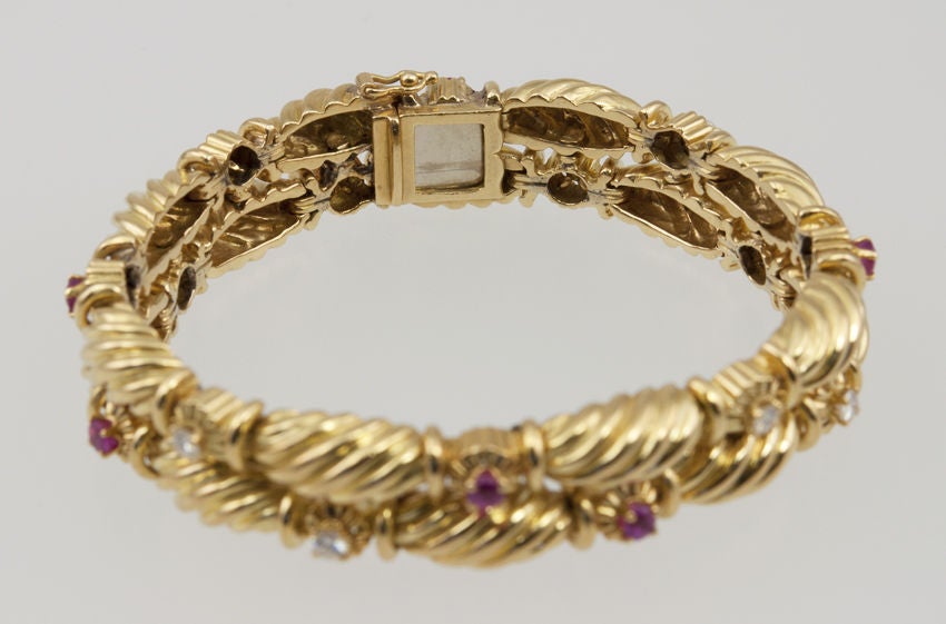 Women's Tiffany & Co. 18 Karat Gold Ruby and Diamond Double Row Bracelet, circa 1990s For Sale