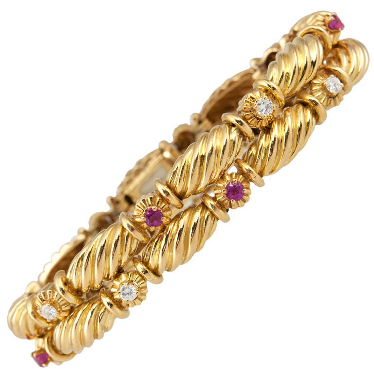 Tiffany & Co. 18 Karat Gold Ruby and Diamond Double Row Bracelet, circa 1990s For Sale