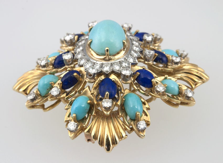 Large Divine 1960's cocktail brooch.  Three carats of diamonds, turquoise and lapis all make this 18k gold piece really striking. Winter in Palm Beach  anyone?