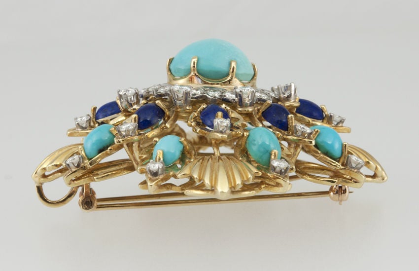 Large Diamond Turquoise and Lapis Brooch In Excellent Condition In Los Angeles, CA