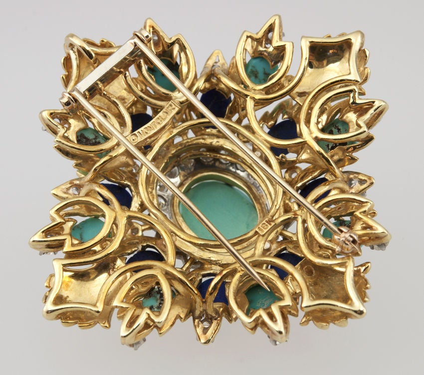 Large Diamond Turquoise and Lapis Brooch 1