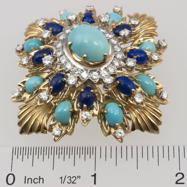 Large Diamond Turquoise and Lapis Brooch 2