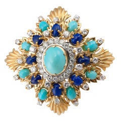 Large Diamond Turquoise and Lapis Brooch