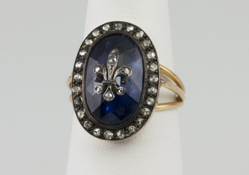 Georgian Faceted Sapphire and Diamond Ring In Good Condition For Sale In Los Angeles, CA