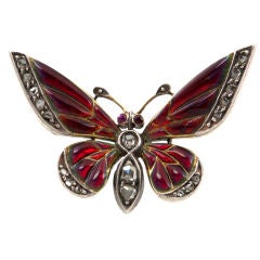 Antique Red Enamel and Rose Cut Diamond Butterfly Brooch