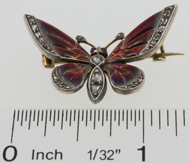 Antique Red Enamel and Rose Cut Diamond Butterfly Brooch For Sale 2