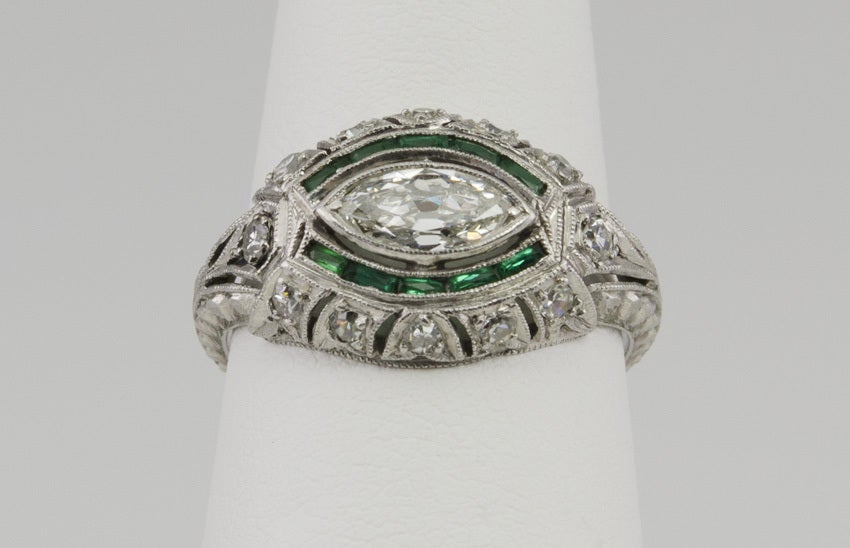Art Deco Deco Diamond Eye Shape Ring With Diamonds and Emeralds
