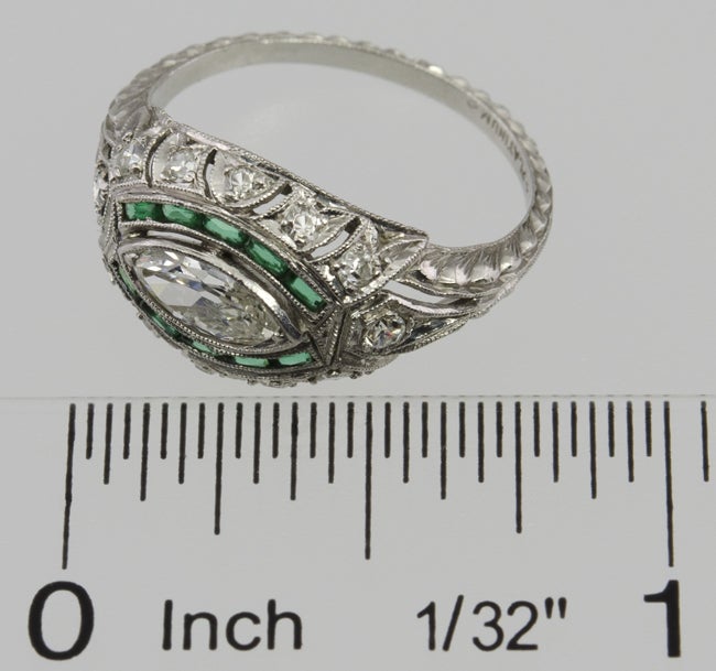 Women's Deco Diamond Eye Shape Ring With Diamonds and Emeralds