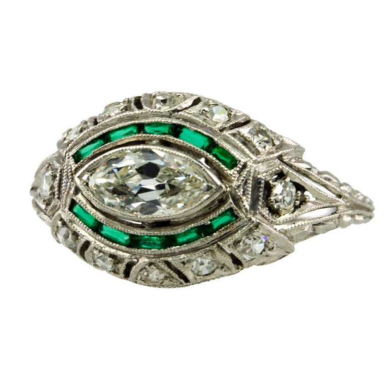 Deco Diamond Eye Shape Ring With Diamonds and Emeralds