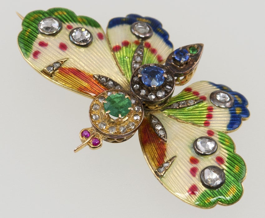 Enamel Gemstone Diamond Butterfly Brooch 2
