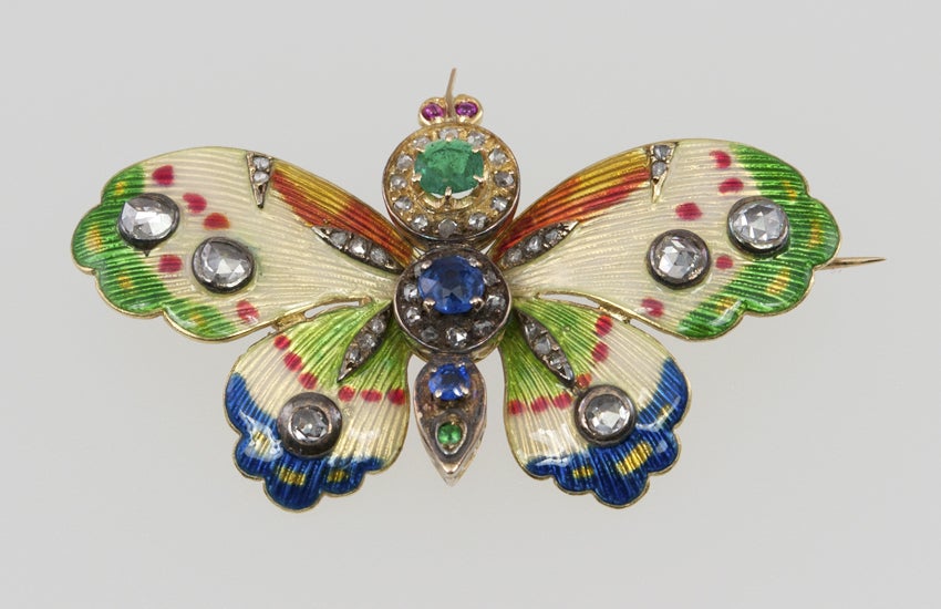 Enamel Gemstone Diamond Butterfly Brooch 1