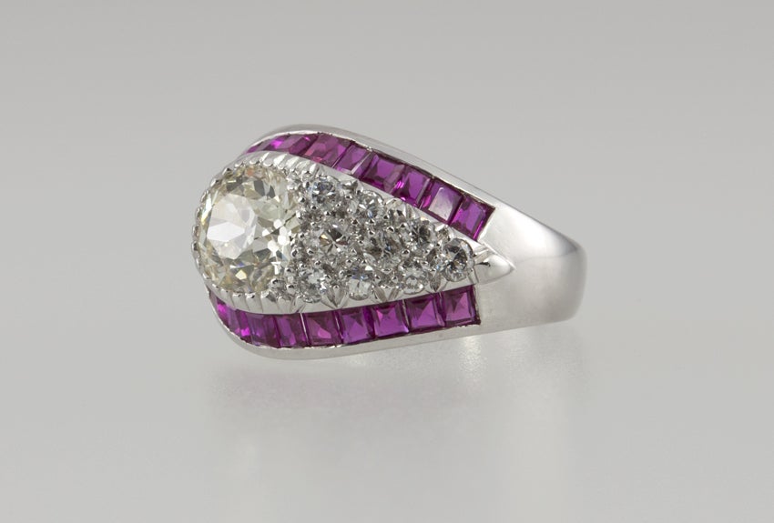 Women's Art Deco Diamond and Ruby Cluster Platinum Ring For Sale