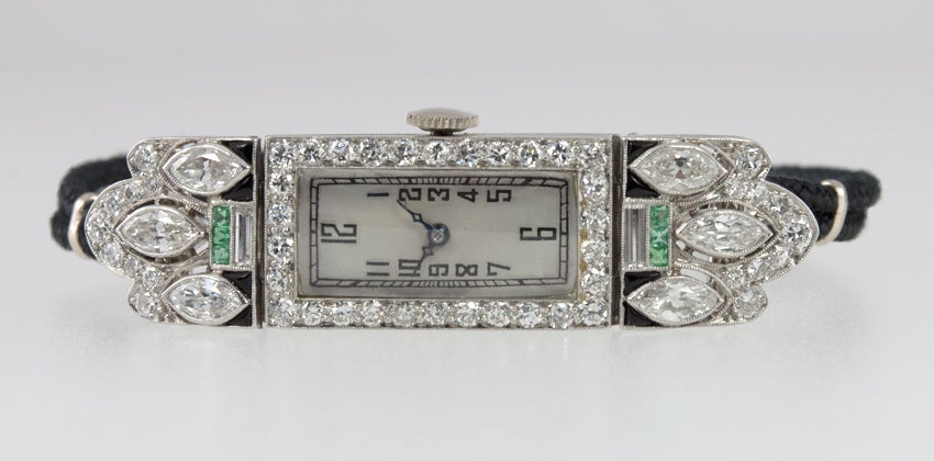 Women's Lady's Platinum, Diamond, Onyx and Emerald Art Deco Watch Case Converted with Quartz Movement