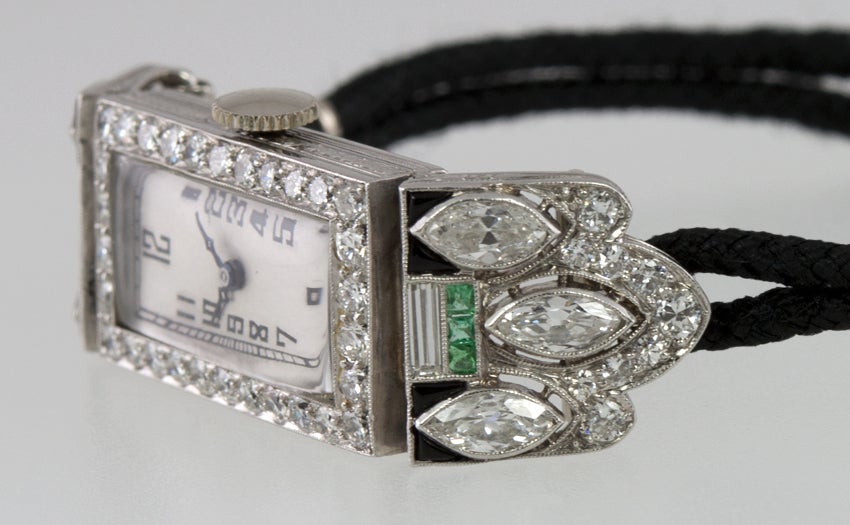 Lady's Platinum, Diamond, Onyx and Emerald Art Deco Watch Case Converted with Quartz Movement 1