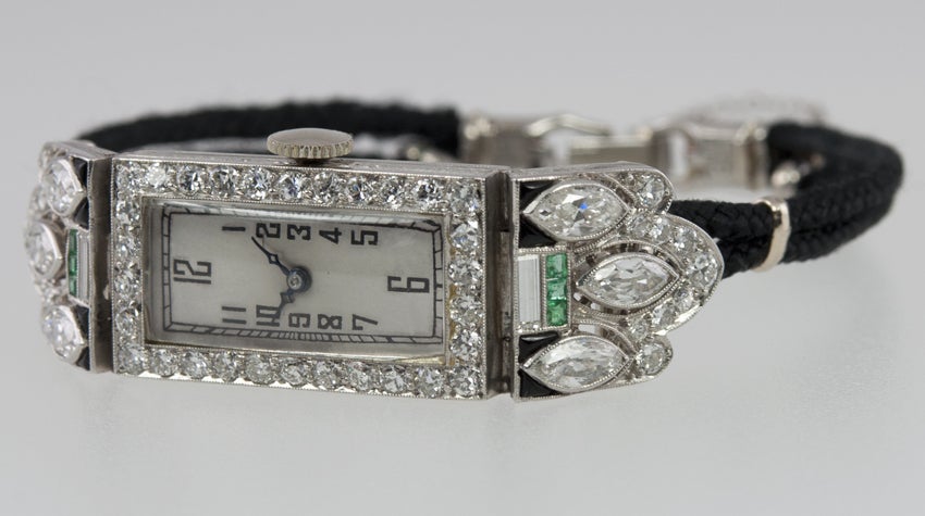 Lady's Platinum, Diamond, Onyx and Emerald Art Deco Watch Case Converted with Quartz Movement 2