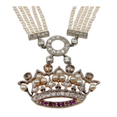 Edwardian Seed Pearl And Diamond Crown Necklace