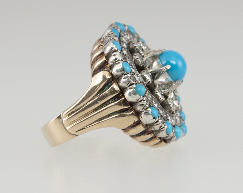 Late Victorian Victorian Turquoise Diamond Gold Cluster Ring For Sale