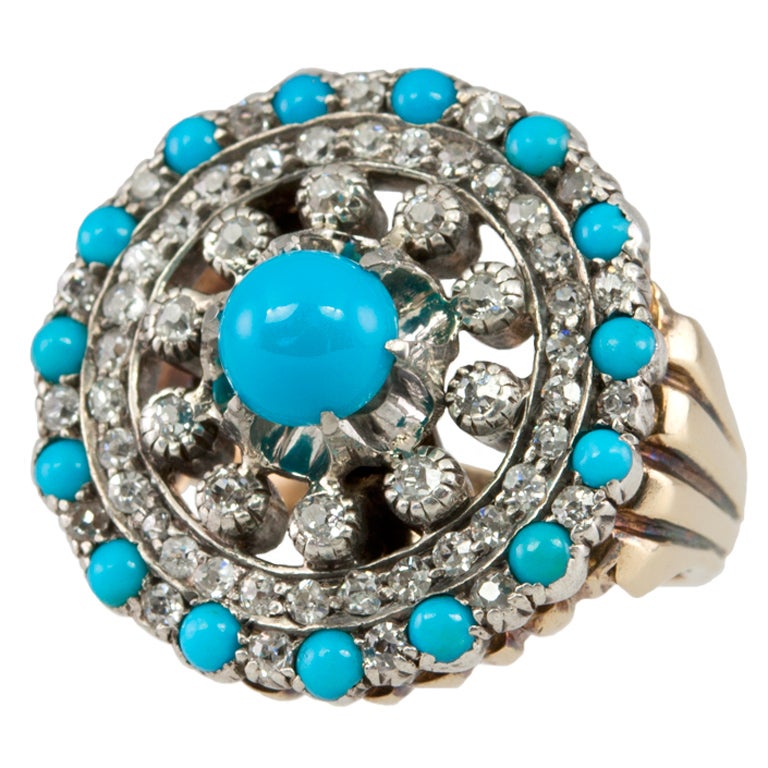 Victorian Turquoise Diamond Gold Cluster Ring For Sale