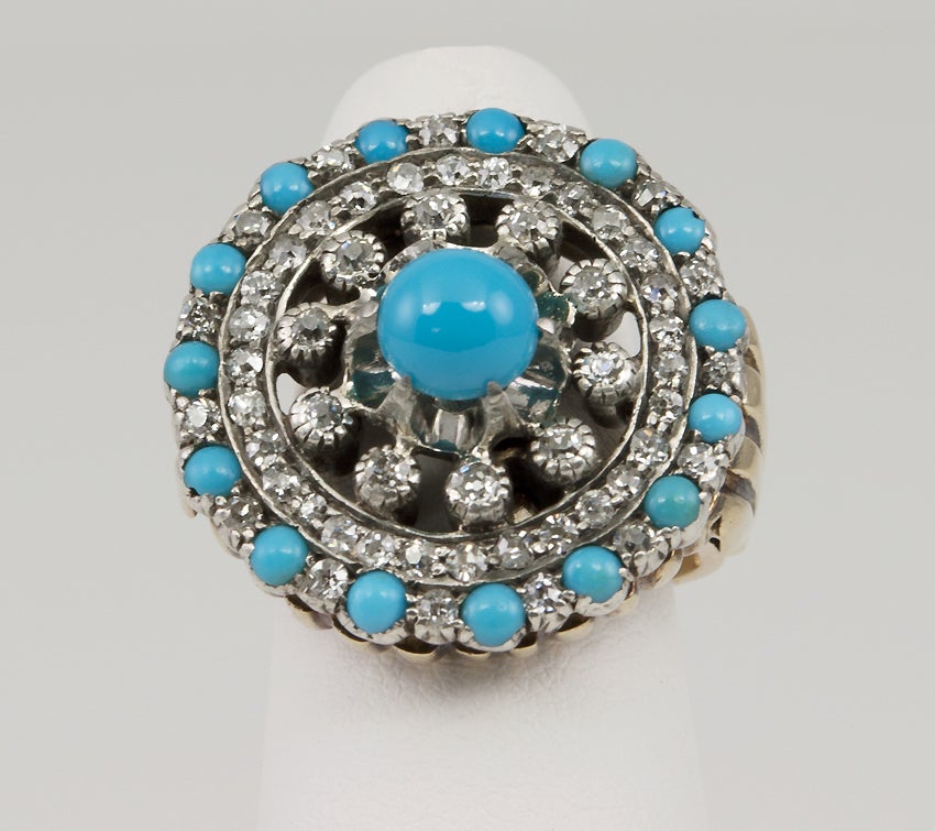 Victorian Turquoise Diamond Gold Cluster Ring In Excellent Condition For Sale In Los Angeles, CA