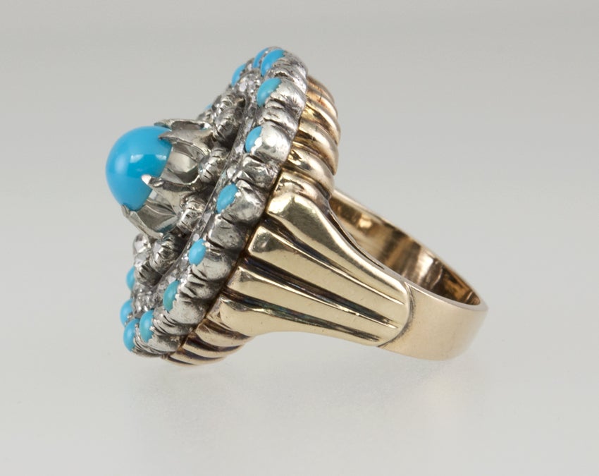 Women's Victorian Turquoise Diamond Gold Cluster Ring For Sale