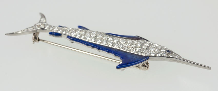 Diamond and Blue Enamel Platinum Marlin Brooch, circa 1920s In Excellent Condition For Sale In Los Angeles, CA