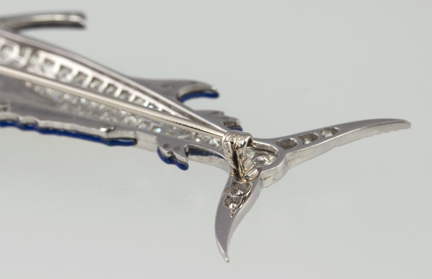 Diamond and Blue Enamel Platinum Marlin Brooch, circa 1920s For Sale 2