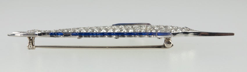 Women's or Men's Diamond and Blue Enamel Platinum Marlin Brooch, circa 1920s For Sale