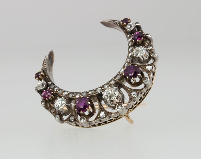 Women's Victorian Diamond and Ruby Crescent Brooch/Pendant