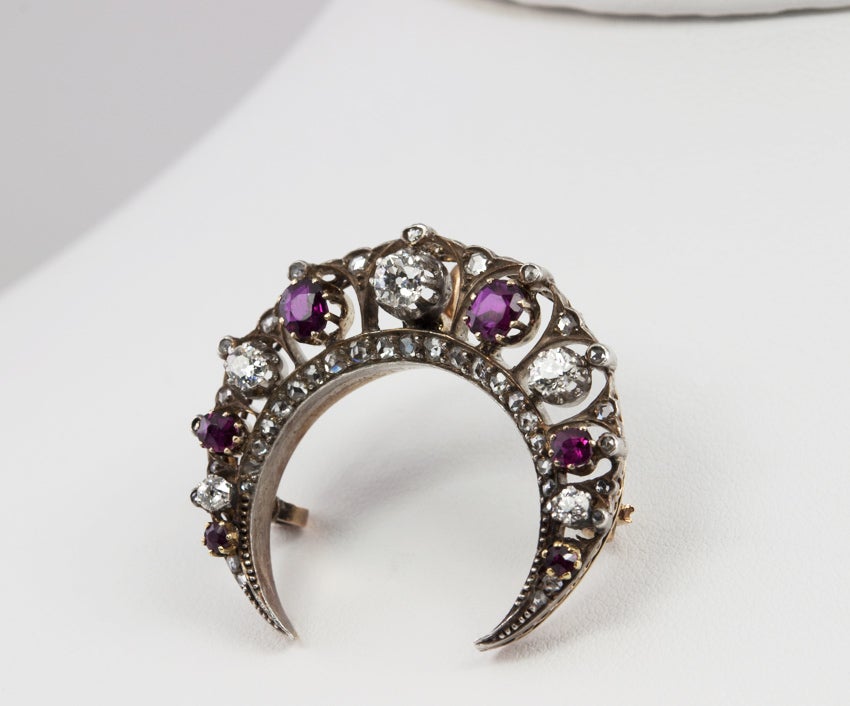 Victorian Diamond and Ruby Crescent Brooch/Pendant 2