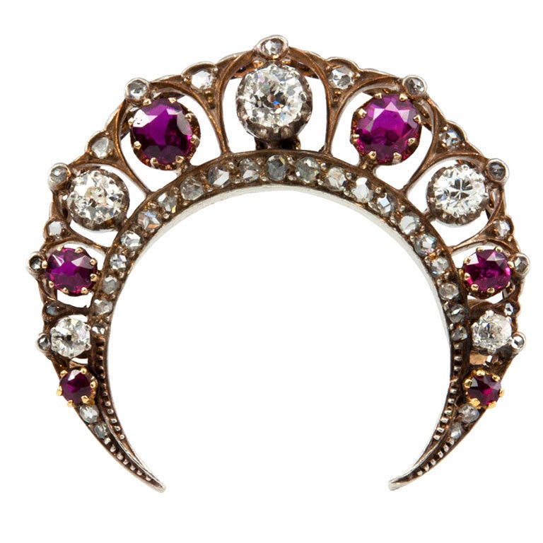 Victorian Diamond and Ruby Crescent Brooch/Pendant