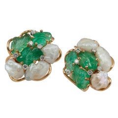 Carved Emerald and Freshwater Pearl Earrings
