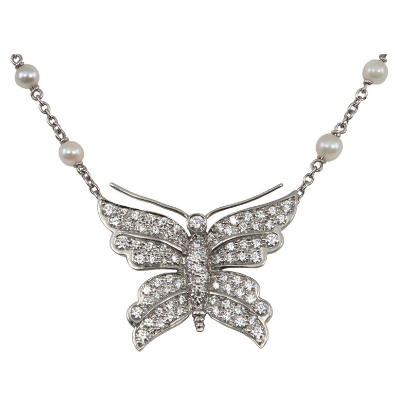 Tiffany & Co. Diamond Butterfly and Pearl Platinum Necklace For Sale