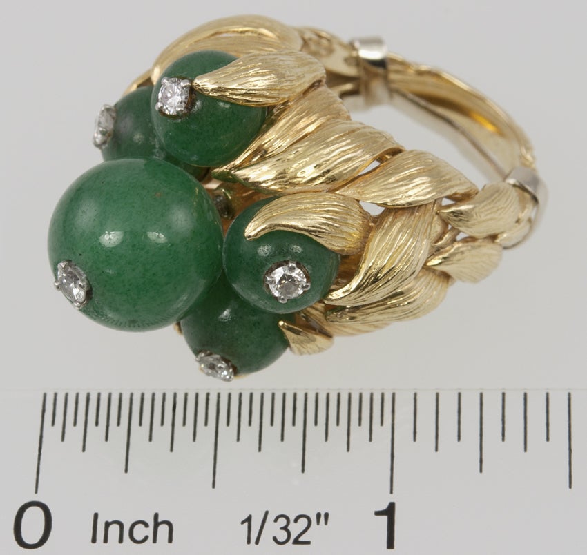 David Webb 18 karat yellow gold ring with six balls of chrysoprase with diamonds topping the center of each ball in a stylized leaf mounting. Signed David Webb circa 1970.

Currently a US size 7.5 and easily adjustable. 
This ring currently measures