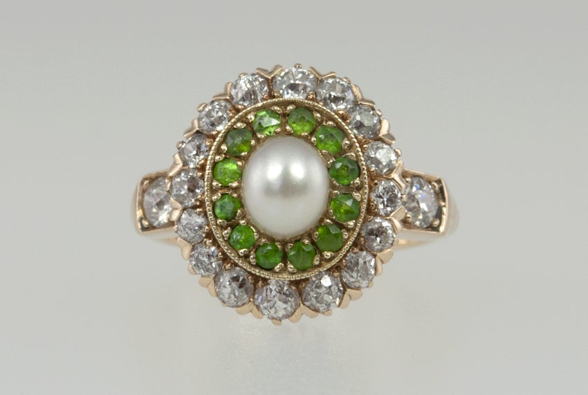 Women's Victorian Demantoid Garnet, Diamond and Pearl Ring