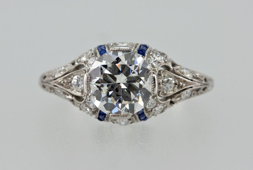 Edwardian Engagement Ring with 1.24ct Diamond With Sapphire Accents For Sale