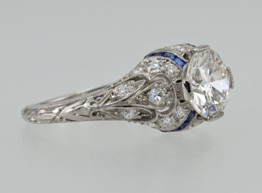 Engagement Ring with 1.24ct Diamond With Sapphire Accents In Excellent Condition For Sale In Los Angeles, CA