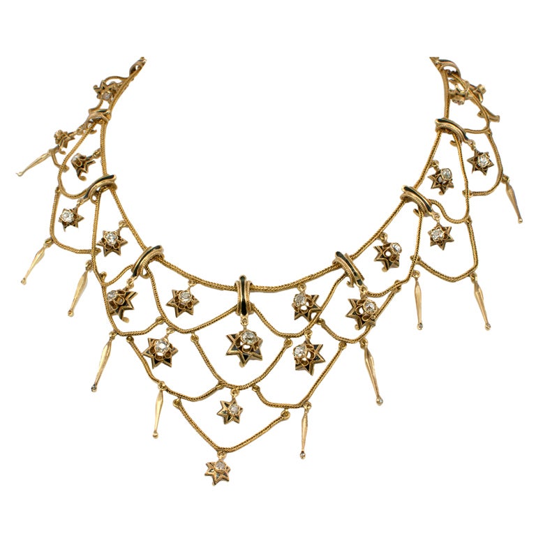 French Victorian Diamond Star Necklace For Sale